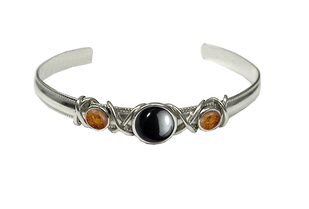 Sterling Silver Hand Made Cuff Bracelet With Hematite And Amber